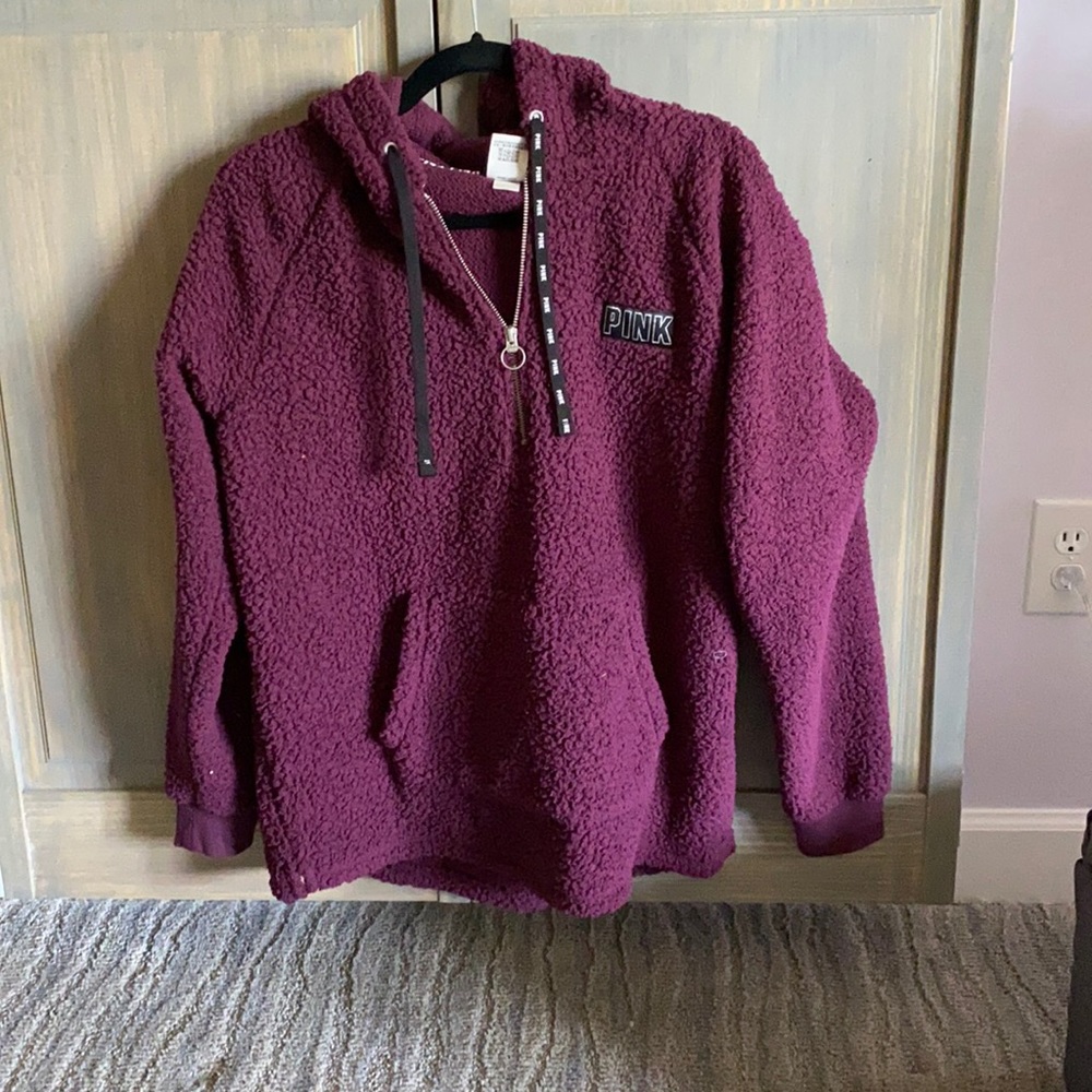 Small burgundy Sherpa Pink hooded sweatshirt